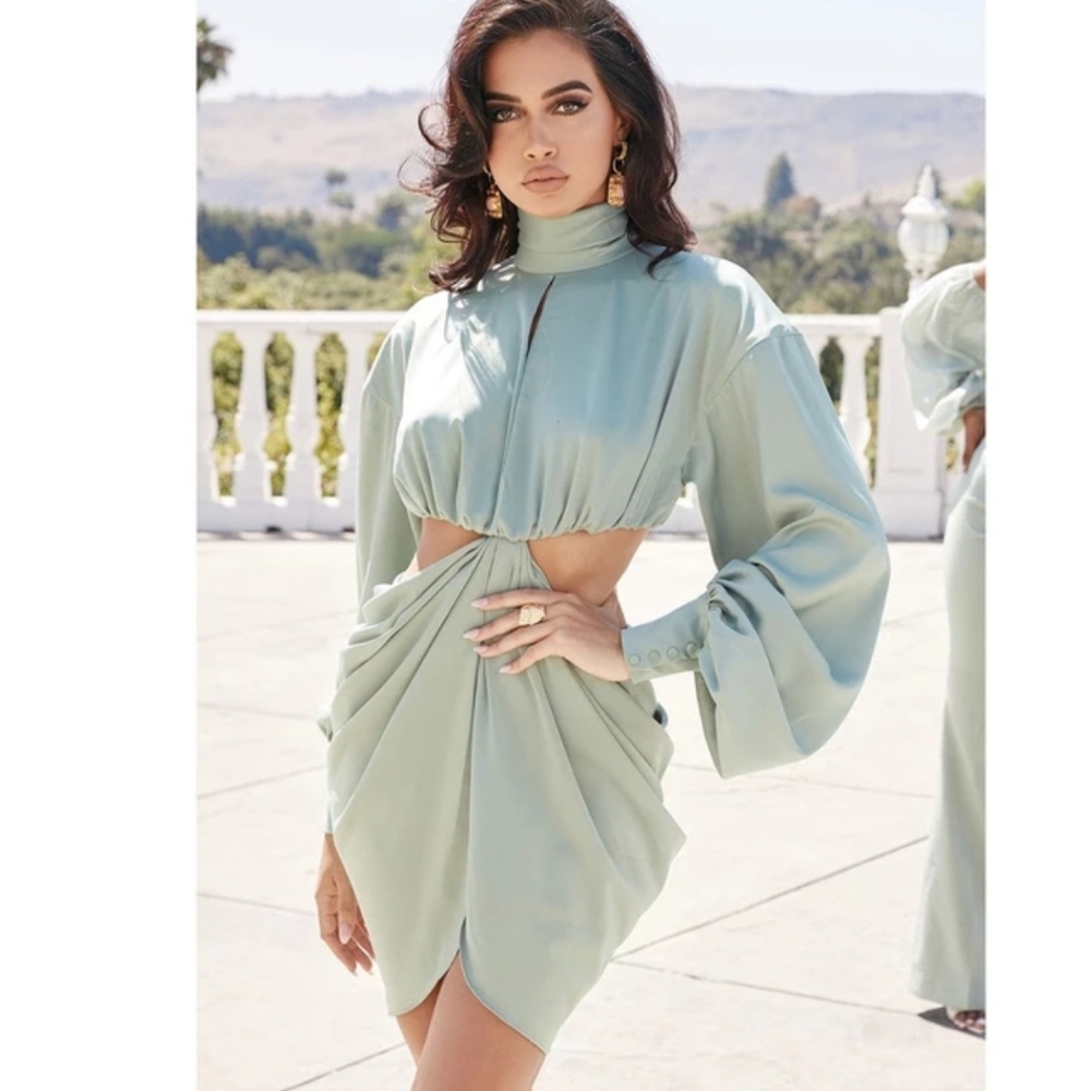 Flamingo Mint long sleeve high neck green color cut out mini drape dress